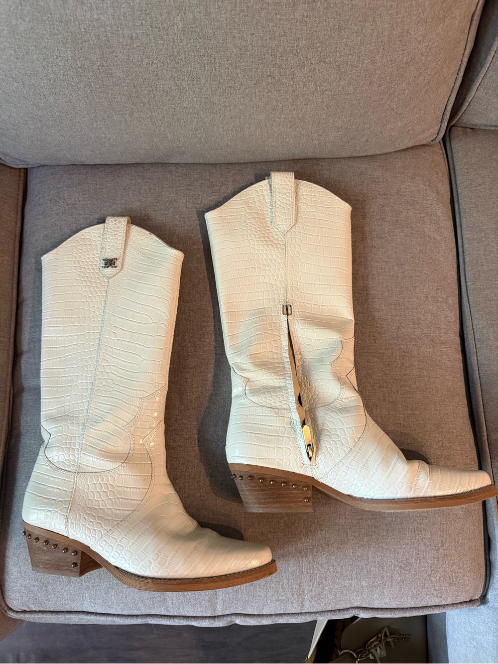 Sam Edelman Cream Croc-Embossed Western Heeled Boots